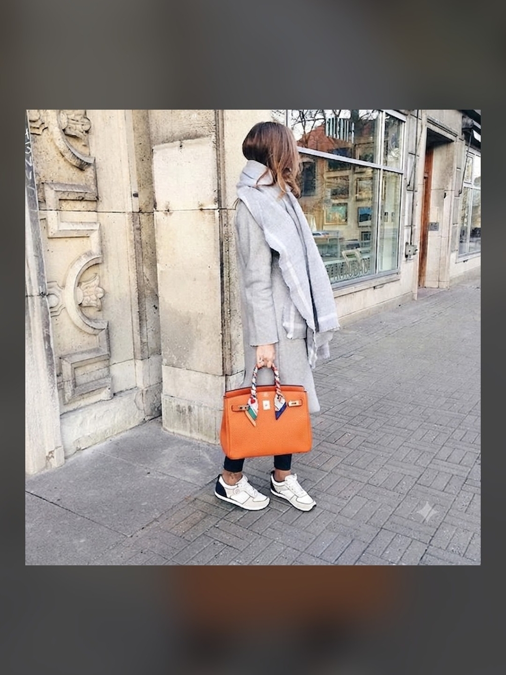 Elegant Orange Leather Tote Bag with Scarf Accent